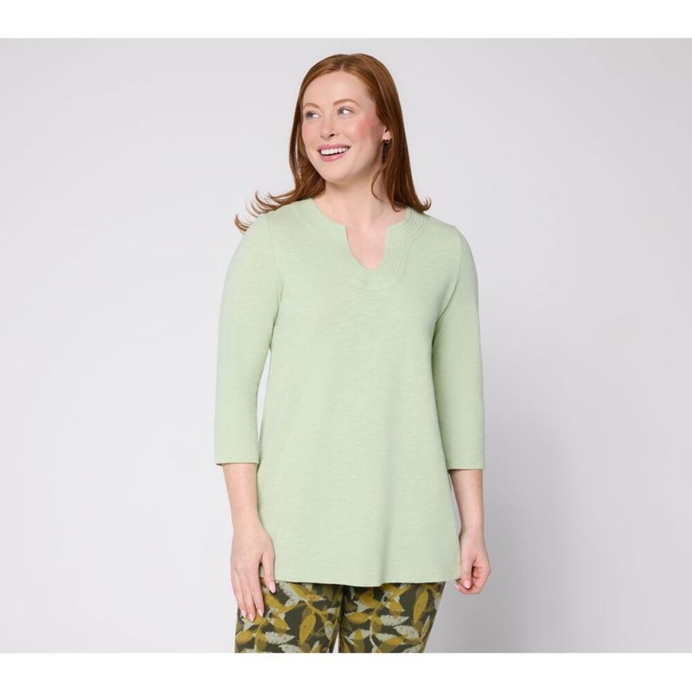 Denim & Co. Women's Top Petite PXL Slub Jersey Sleeve U-Neck Tunic Green
